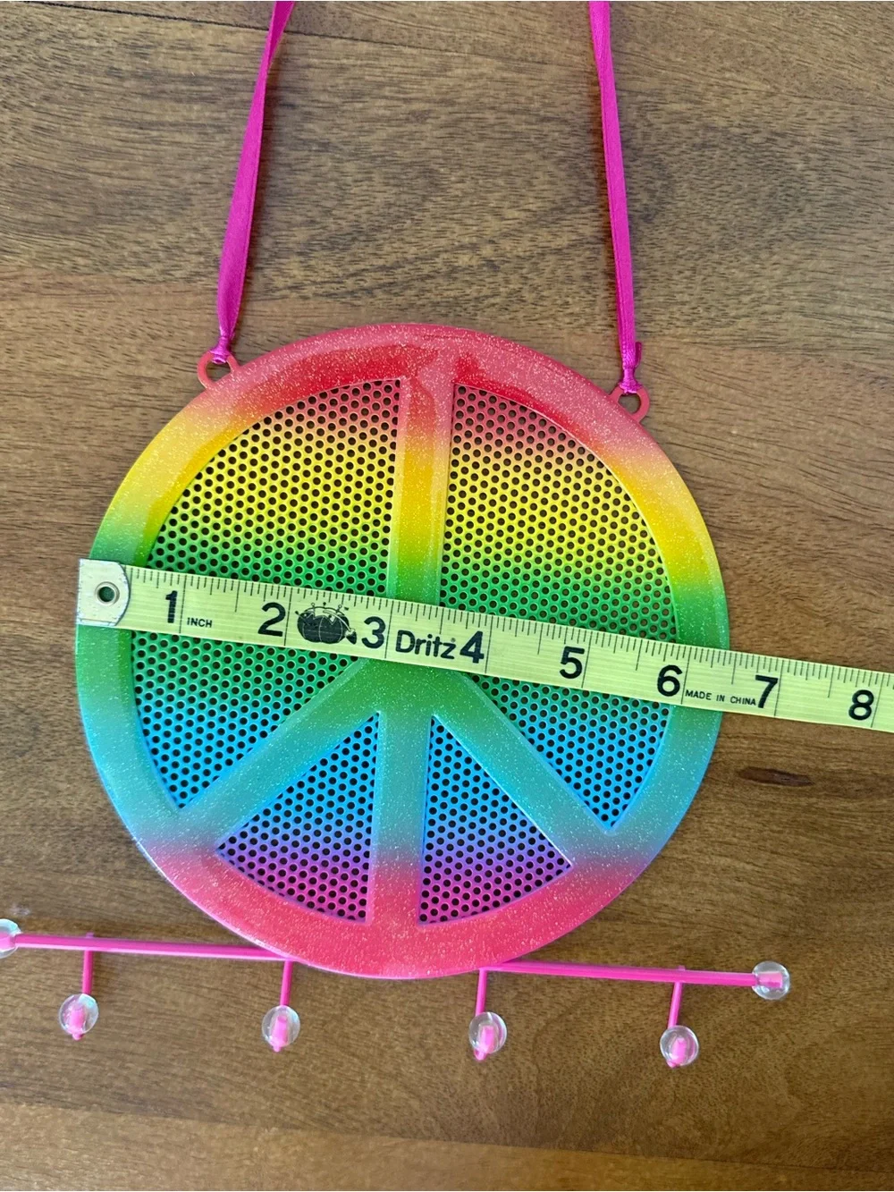 Rainbow Peace Sign Earring Holder/ Necklace Holder, Hanging with Pink Strap